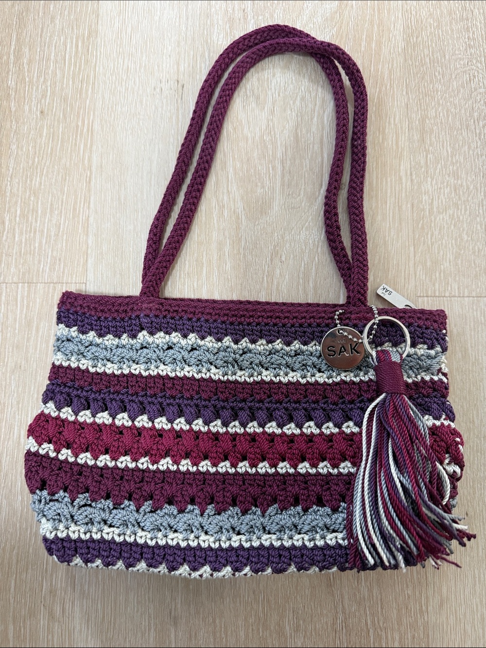 The Sak Striped Crochet Tote in Burgundy, Gray and Cream